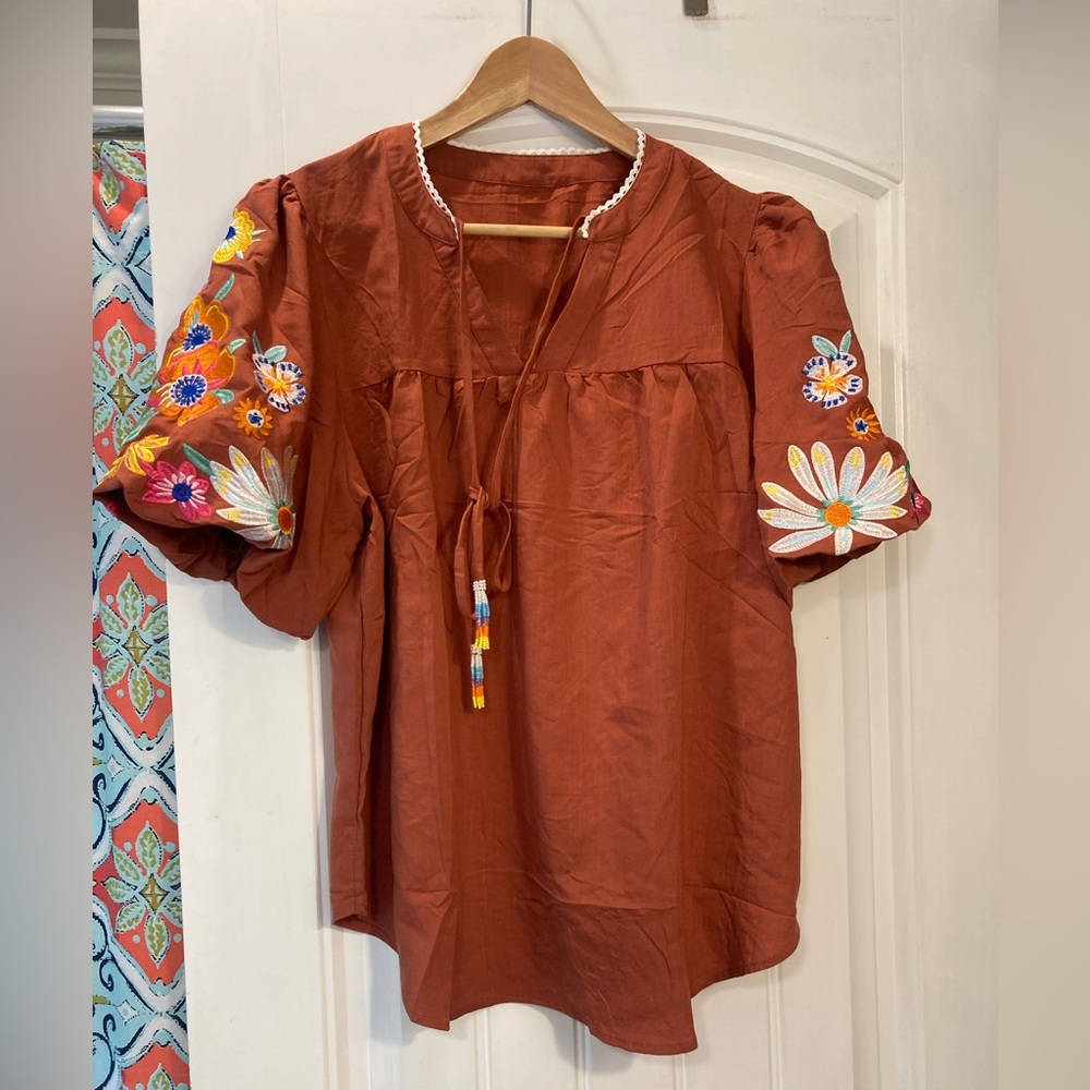 Embroidered puff sleeve blouse